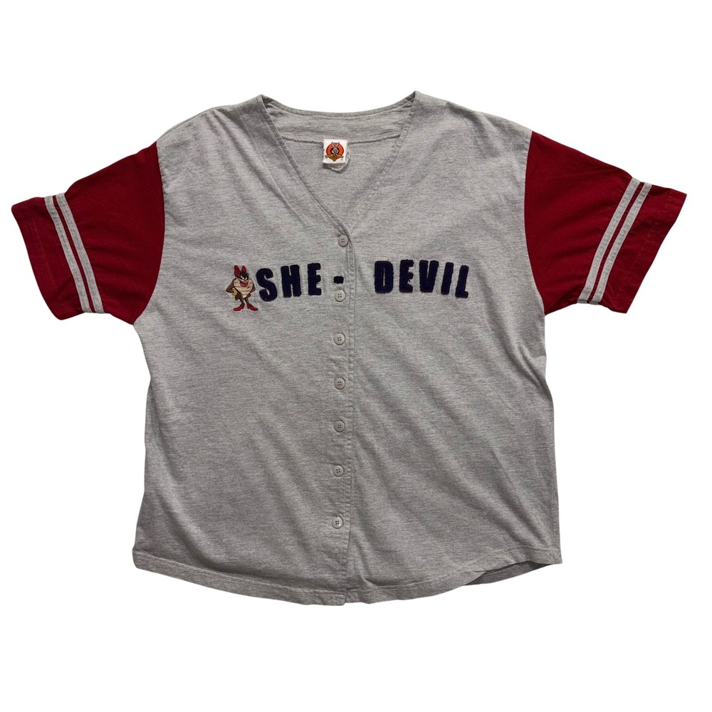Vintage 2001 Looney Tunes She-Devil Baseball Jersey Shirt Gray Red Freeze XL